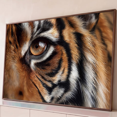 Close do olho âmbar de um tigre com pelagem laranja e listras pretas e brancas, quadro decorativo