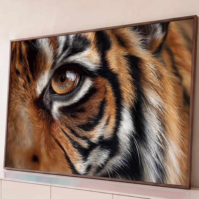 Quadro Decorativo Grande Olho de Tigre Laranja para Sala | quadros decorativos para sala | close extremo do olho âmbar de um tigre com listras pretas e laranja | Porao dos Quadros