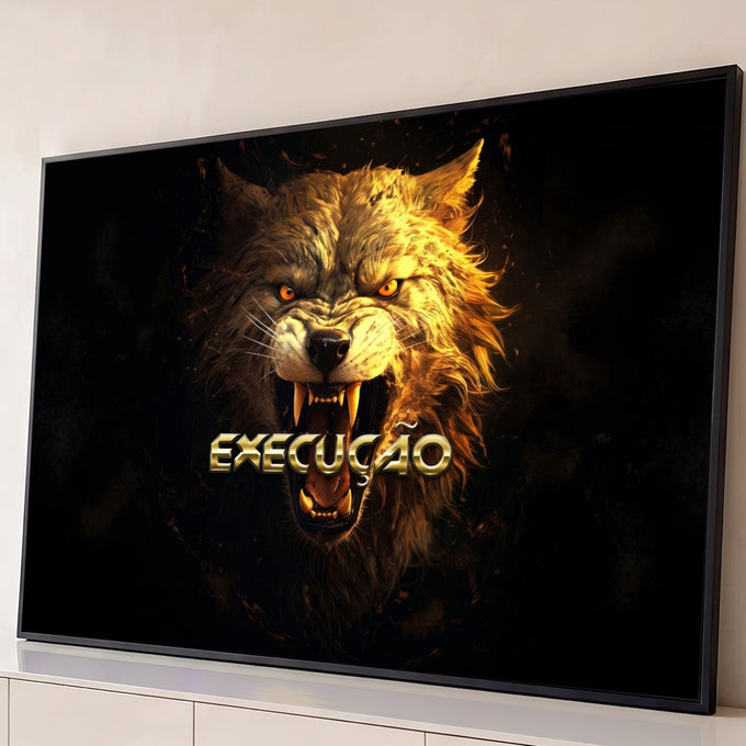 Lobo dourado feroz rosnando com presas à mostra e palavra Execução em fundo preto, quadro decorativo