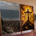 Quadro Decorativo Kit 2 Telas Cruz para Sala Dourado | quadros decorativos para sala | cruz de madeira com coroa de espinhos sobre montanha e multidão bíblica na praia | Porao dos Quadros