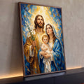 Quadro Decorativo Grande Sagrada Família para Sala Azul | quadros decorativos para sala | Sagrada Família em estilo mosaico azul e dourado com auréolas e lírios brancos | Porao dos Quadros