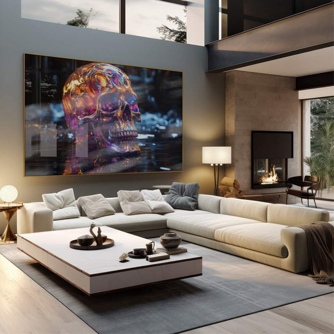Quadro Decorativo Caveira Cromada: Elegância Ousada - quadros decorativos 1 Tela, 1 Tela Horizontal - em sala moderna