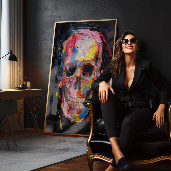 Quadro Decorativo Caveira Tinta: Único e Arrojado - quadros decorativos para sala 1 Tela Vertical, 3 Telas - em quarto contemporaneo
