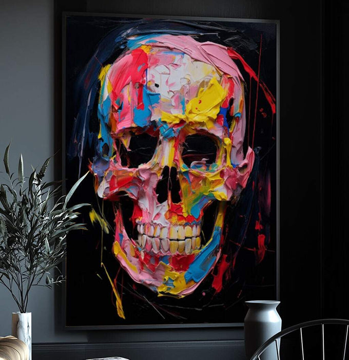 Quadro Decorativo Caveira Tinta: Único e Arrojado - quadros decorativos para sala 1 Tela Vertical, 3 Telas - em ambiente decorado