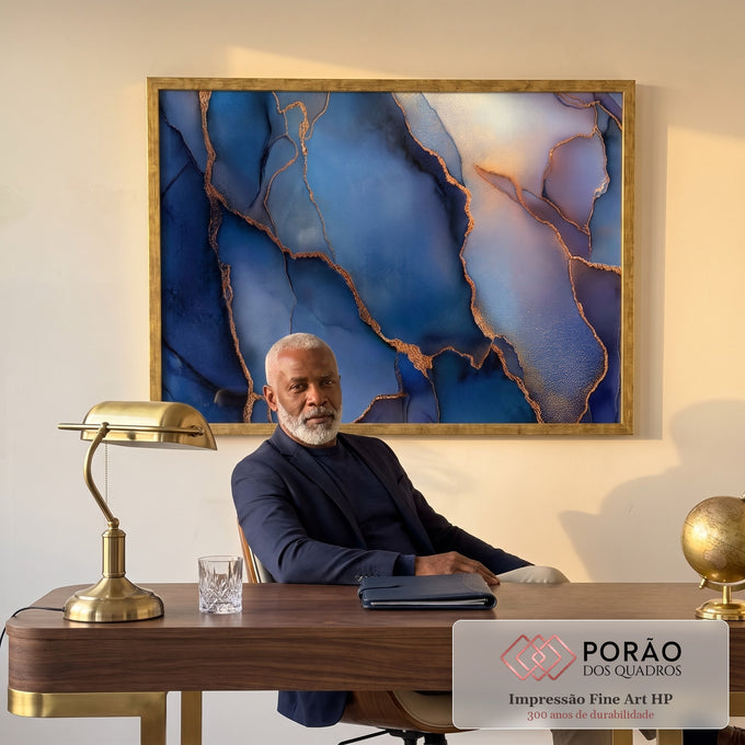 Quadro Decorativo Abstrato Azul Dourado em escritorio moderno - quadros decorativos para sala