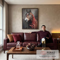 Quadro Decorativo Cavalo Majestoso com Lenço Vermelho em sala de estar moderna - quadros decorativos para sala