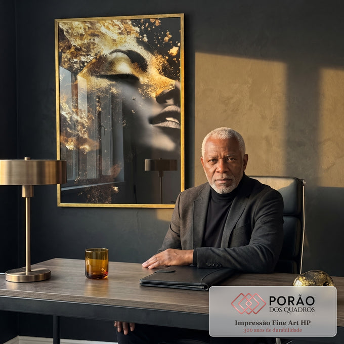 Quadro Decorativo Elegante Reflexão da Mulher Gold em escritorio moderno - quadros decorativos para sala