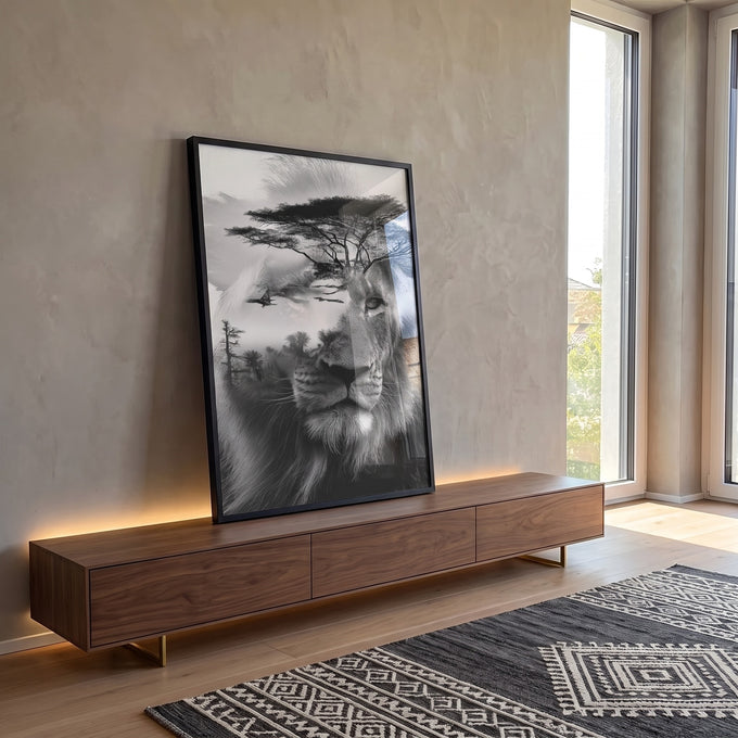 Quadro Decorativo Leão e Natureza em ambiente decorado - quadros decorativos para sala
