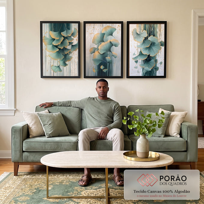 Quadro Decorativo Trio de Folhas Abstratas para Inspiração e Estilo em sala de estar moderna - quadros decorativos para sala