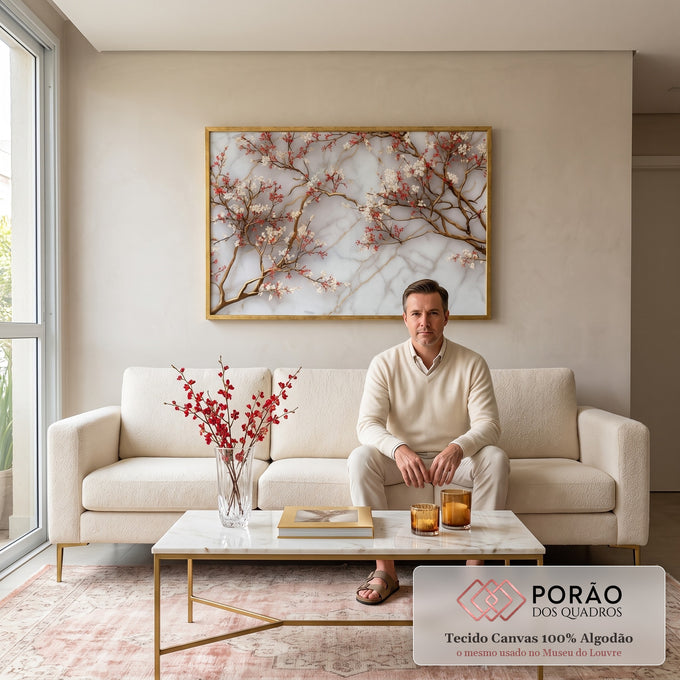 Quadro Decorativo - Elegância Floral em Mármore em sala de estar moderna - quadros decorativos para sala