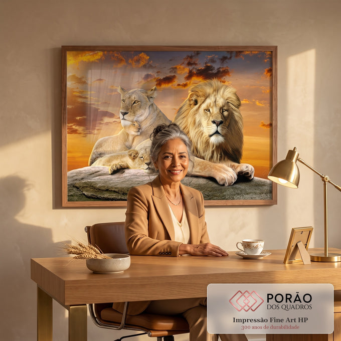 Quadro Decorativo Sofisticado: Família de Leões com Filhotes em escritorio moderno - quadros decorativos para sala