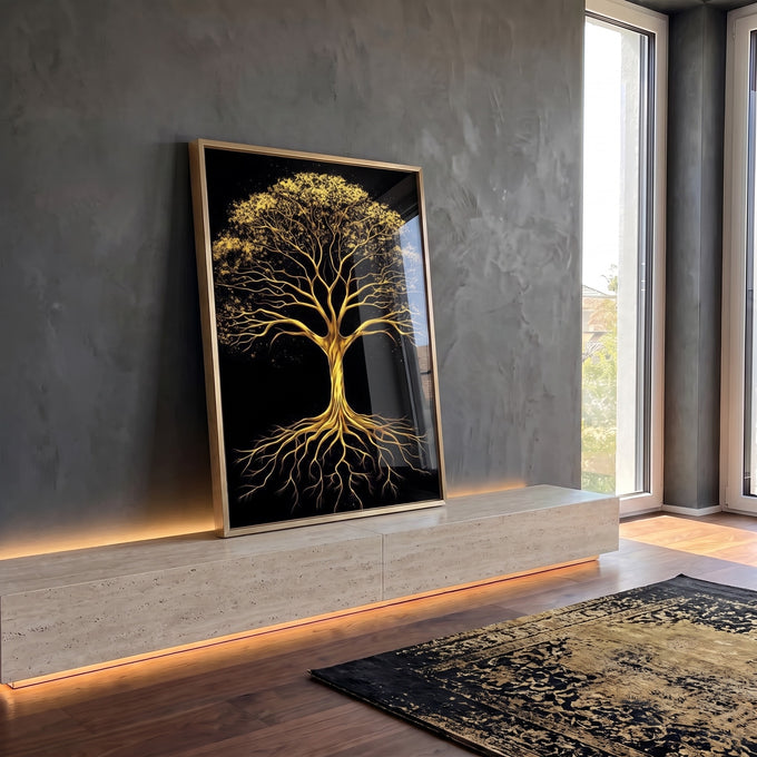 Quadro Decorativo Árvore Dourada em ambiente decorado - quadros decorativos para sala