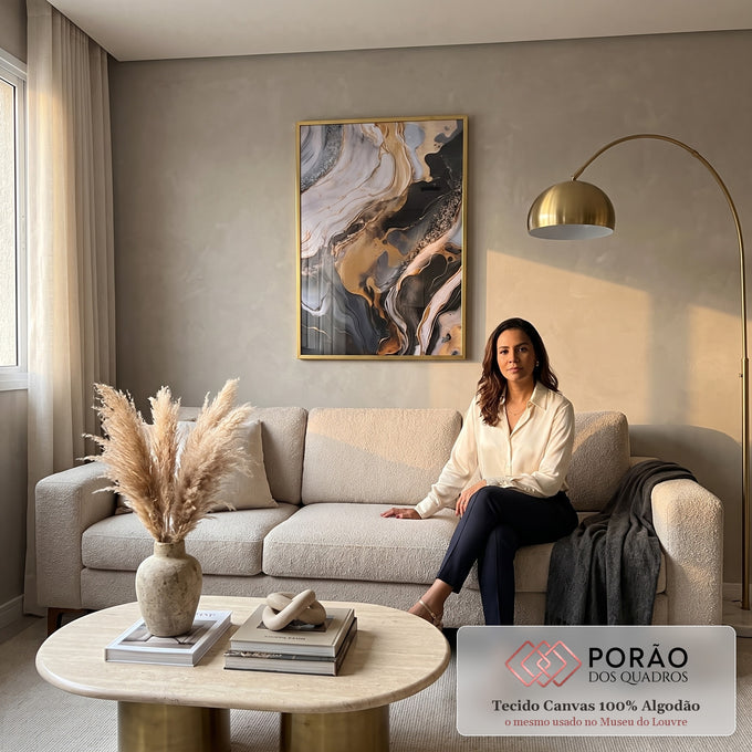 Quadro Decorativo Abstrato Dourado em Luxo em sala de estar moderna - quadros decorativos para sala
