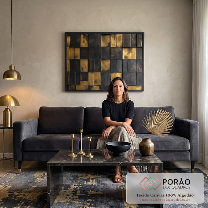 Quadro Decorativo Minimalista Preto e Dourado em sala de estar moderna - quadros decorativos para sala