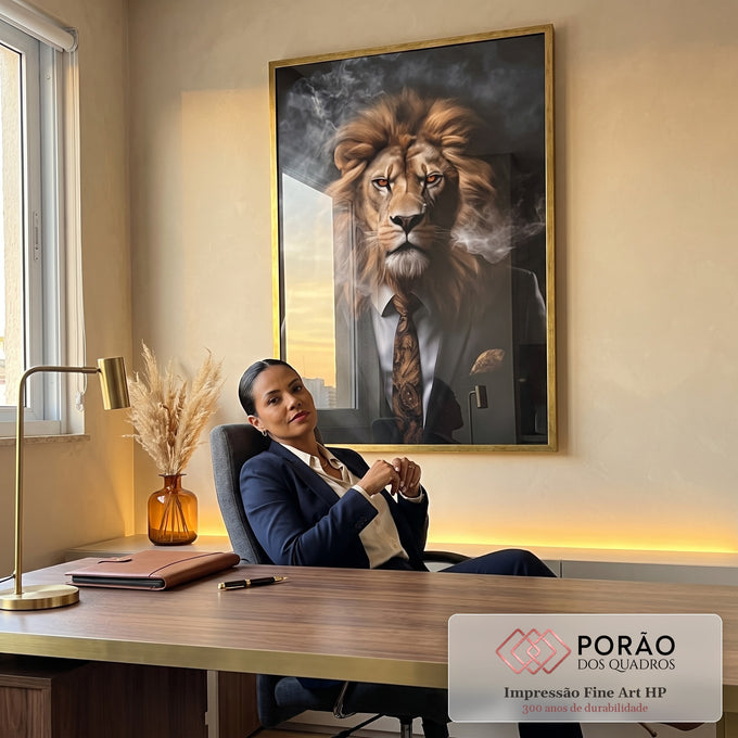 Quadro Decorativo Leão Elegante: Sofisticação Pura em escritorio moderno - quadros decorativos para sala