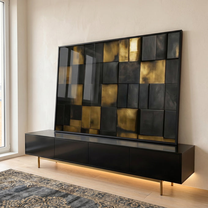 Quadro Decorativo Minimalista Preto e Dourado em ambiente decorado - quadros decorativos para sala