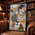 Quadro Decorativo Leão Majestoso em Tons Dourados e Azuis em biblioteca classica - quadros decorativos para sala