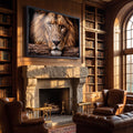 Quadro Decorativo Leão Majestoso com Olhos Âmbar em Fundo em biblioteca de luxo - quadros decorativos para sala