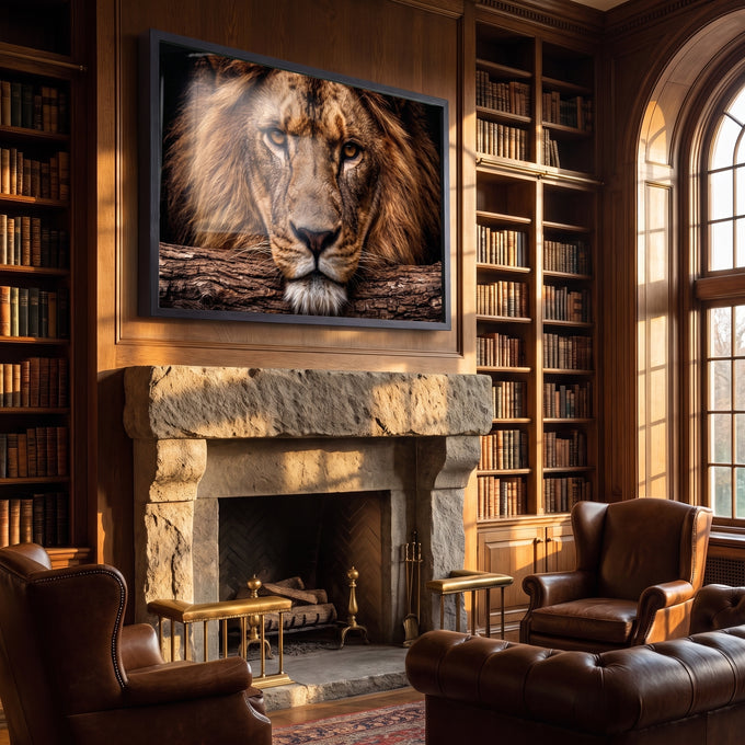Quadro Decorativo Leão Majestoso com Olhos Âmbar em Fundo em biblioteca de luxo - quadros decorativos para sala