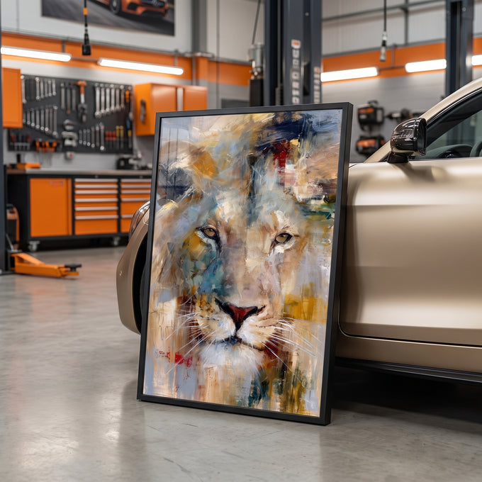 Quadro Decorativo Leão Majestoso em Tons Dourados e Azuis em carro de luxo - quadros decorativos para sala