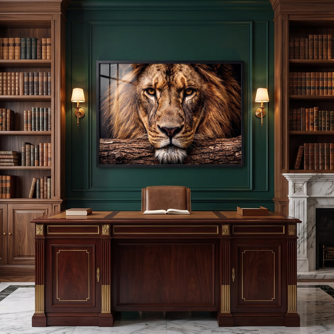 Quadro Decorativo Leão Majestoso com Olhos Âmbar em Fundo em escritorio executivo - quadros decorativos para sala