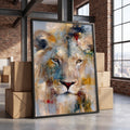 Quadro Decorativo Leão Majestoso em Tons Dourados e Azuis em loft em reforma - quadros decorativos para sala