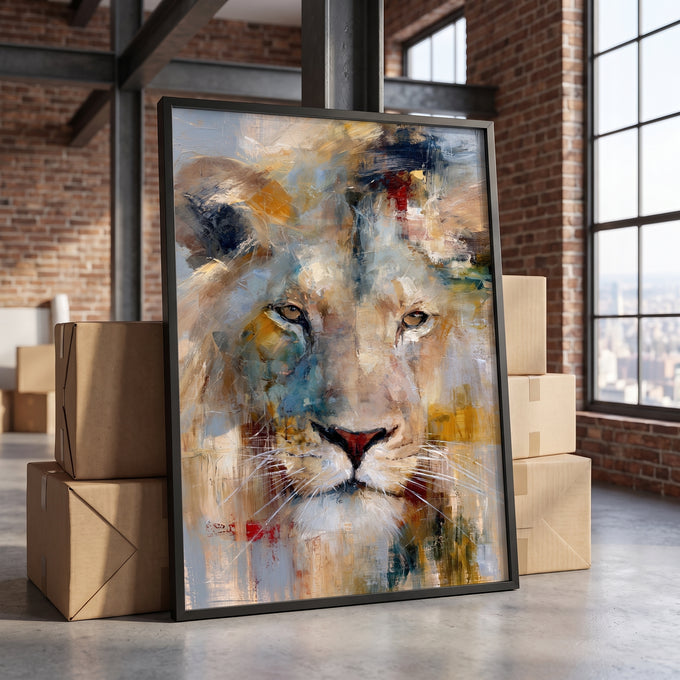 Quadro Decorativo Leão Majestoso em Tons Dourados e Azuis em loft em reforma - quadros decorativos para sala