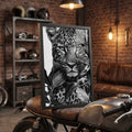 Quadro Decorativo Leopardo em Preto e Branco com Folhagem em moto classica - quadros decorativos para sala
