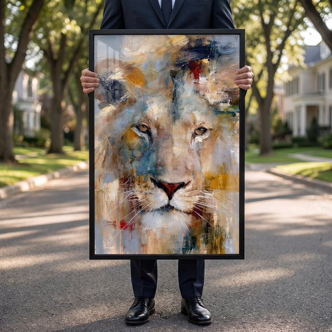 Quadro Decorativo Leão Majestoso em Tons Dourados e Azuis em nas maos - quadros decorativos para sala