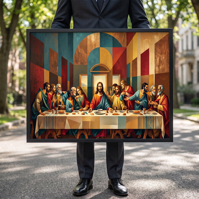 Quadro Decorativo santa Ceia com geométrica em nas maos - quadros decorativos para sala