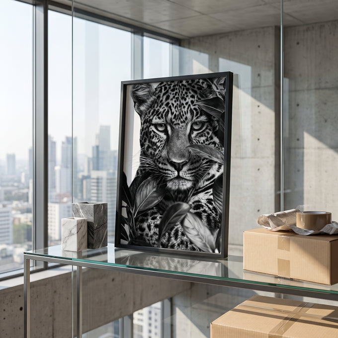 Quadro Decorativo Leopardo em Preto e Branco com Folhagem em penthouse contemporaneo - quadros decorativos para sala