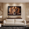 Quadro Decorativo Leão Majestoso com Olhos Âmbar em Fundo em sala de estar sofisticada - quadros decorativos para sala