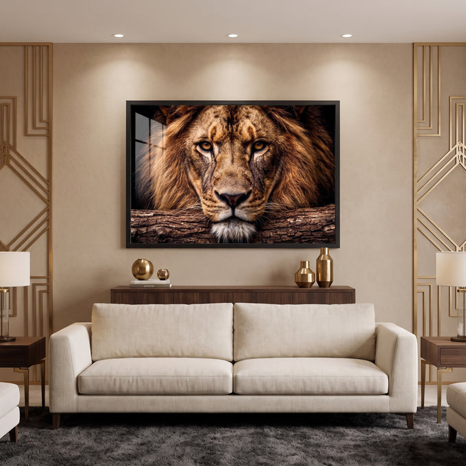 Quadro Decorativo Leão Majestoso com Olhos Âmbar em Fundo em sala de estar sofisticada - quadros decorativos para sala