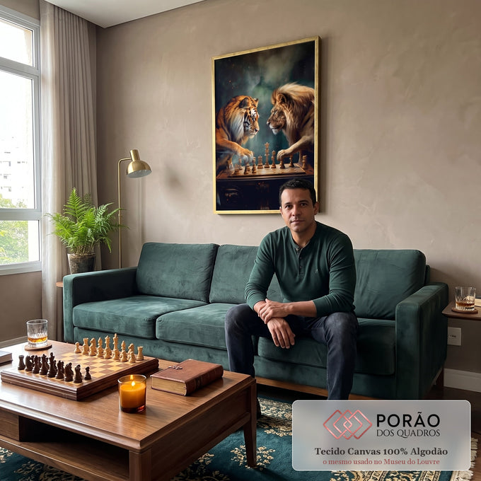 Quadro Decorativo: Majestade Entre Leões e Tigres em Xadrez em sala de estar moderna - quadros decorativos para sala