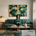 Quadro Decorativo Folhas de Ginkgo em Verde e Dourado em sala de estar moderna - quadros decorativos para sala