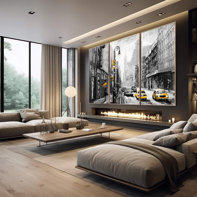 Quadro Decorativo: Energia Urbana e Táxis Amarelos - quadros decorativos para sala 1 Tela Vertical, 3 Telas - em quarto contemporaneo