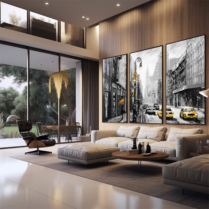 Quadro Decorativo: Energia Urbana e Táxis Amarelos - quadros decorativos 1 Tela Vertical, 3 Telas - em sala moderna