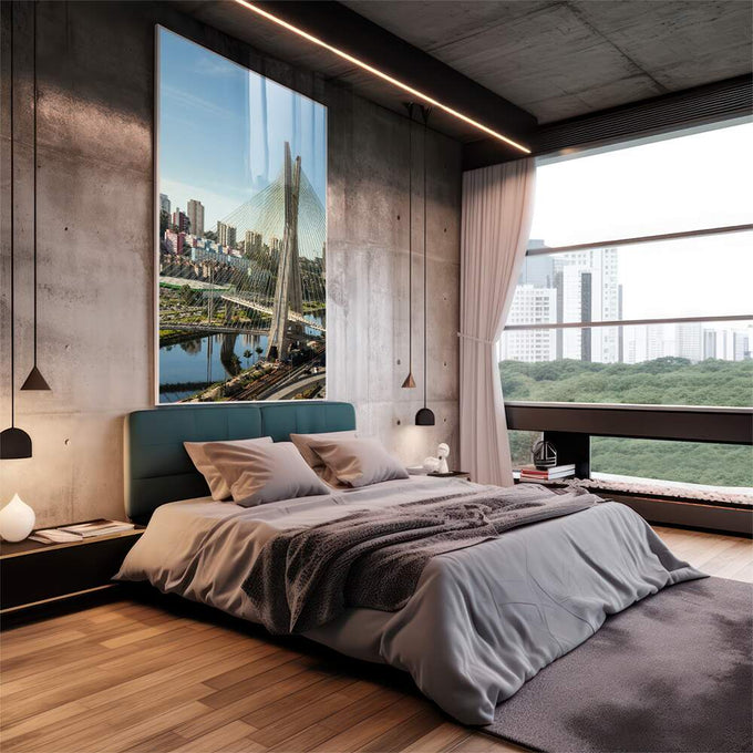 Quadro Decorativo: A Majestosa Ponte Estaiada SP - quadros decorativos para sala 1 Tela Vertical, 3 Telas - em quarto contemporaneo