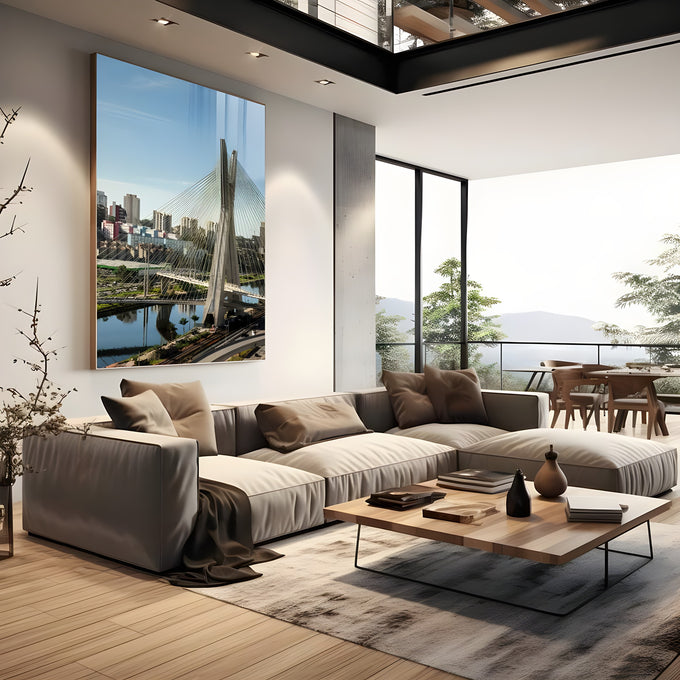 Ponte Estaiada de São Paulo com skyline, rio espelhado e céu azul, quadro decorativo