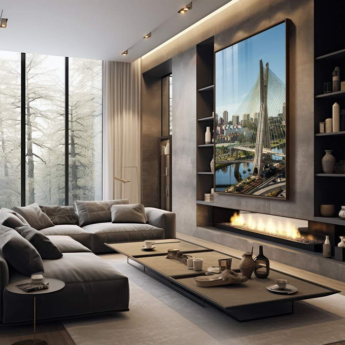 Quadro Decorativo: A Majestosa Ponte Estaiada SP - quadros decorativos para sala 1 Tela Vertical, 3 Telas - em living room premium