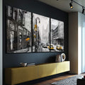 Quadro Decorativo: Energia Urbana e Táxis Amarelos - quadros decorativos para sala 1 Tela Vertical, 3 Telas - em ambiente decorado