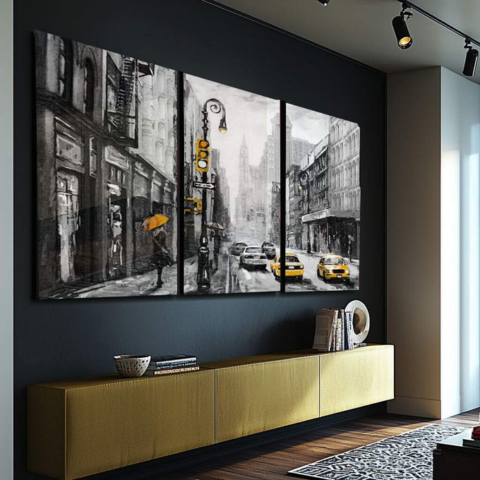 Quadro Decorativo: Energia Urbana e Táxis Amarelos - quadros decorativos para sala 1 Tela Vertical, 3 Telas - em ambiente decorado