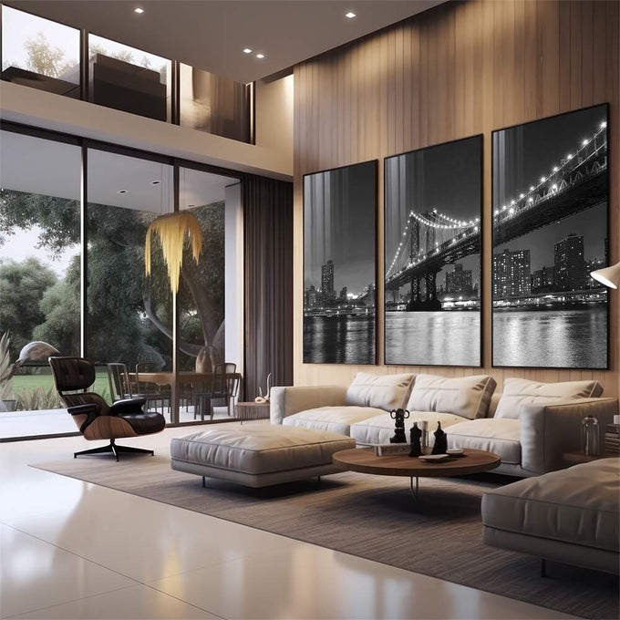 Quadro Decorativo Vista Monocromática da Ponte de Manhattan - quadros decorativos para sala 1 Tela Vertical, 3 Telas - em living room premium