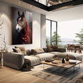 Quadro Decorativo Cavalo Majestoso com Lenço Vermelho - quadros decorativos 1 Tela Vertical, 3 Telas - em escritorio elegante