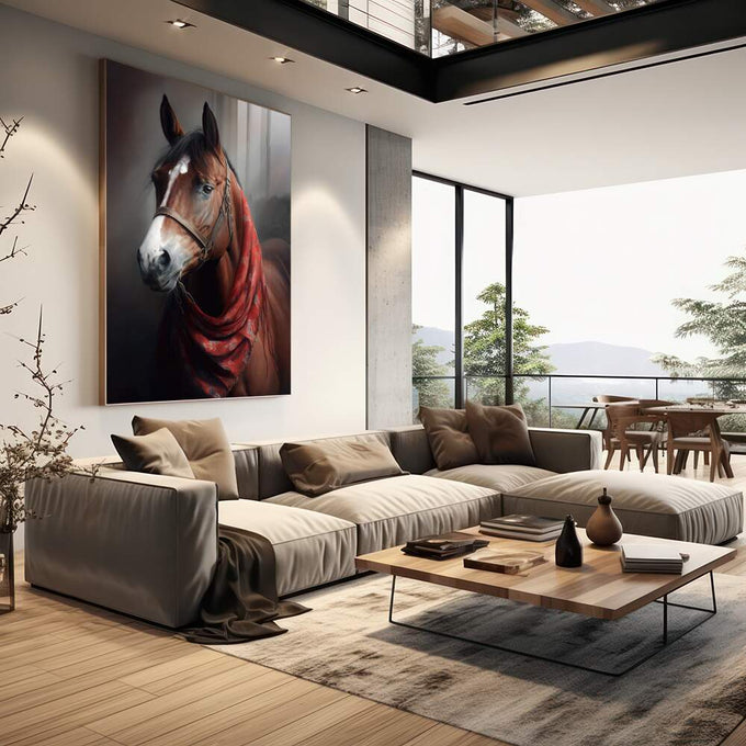 Quadro Decorativo Cavalo Majestoso com Lenço Vermelho - quadros decorativos 1 Tela Vertical, 3 Telas - em escritorio elegante