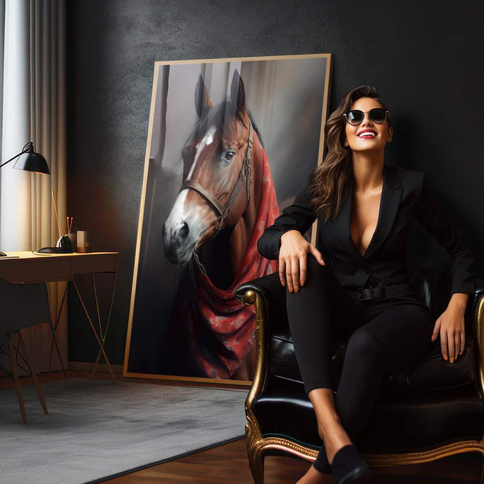 Quadro Decorativo Cavalo Majestoso com Lenço Vermelho - quadros decorativos 1 Tela Vertical, 3 Telas - em sala moderna
