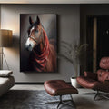 Quadro Decorativo Cavalo Majestoso com Lenço Vermelho - quadros decorativos para sala 1 Tela Vertical, 3 Telas - em ambiente decorado