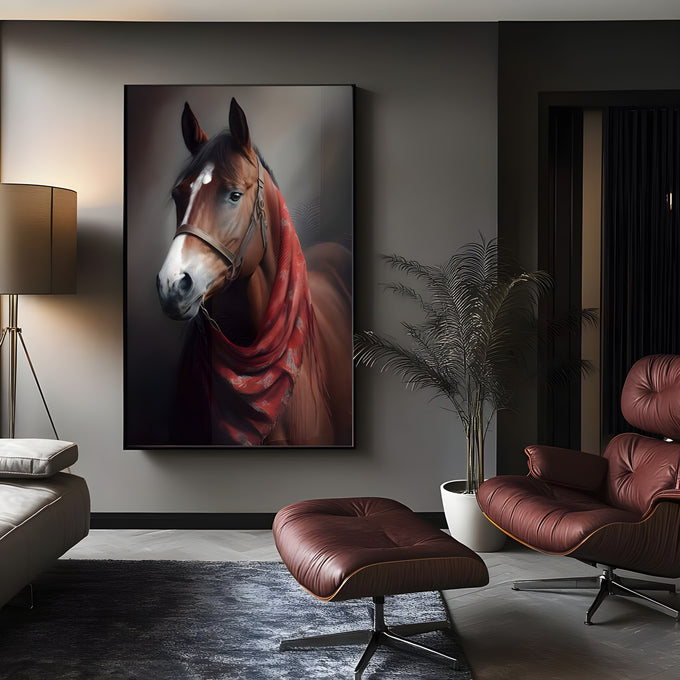 Retrato realista de cavalo baio com cabresto e manta vermelha estampada sobre fundo escuro, quadro decorativo