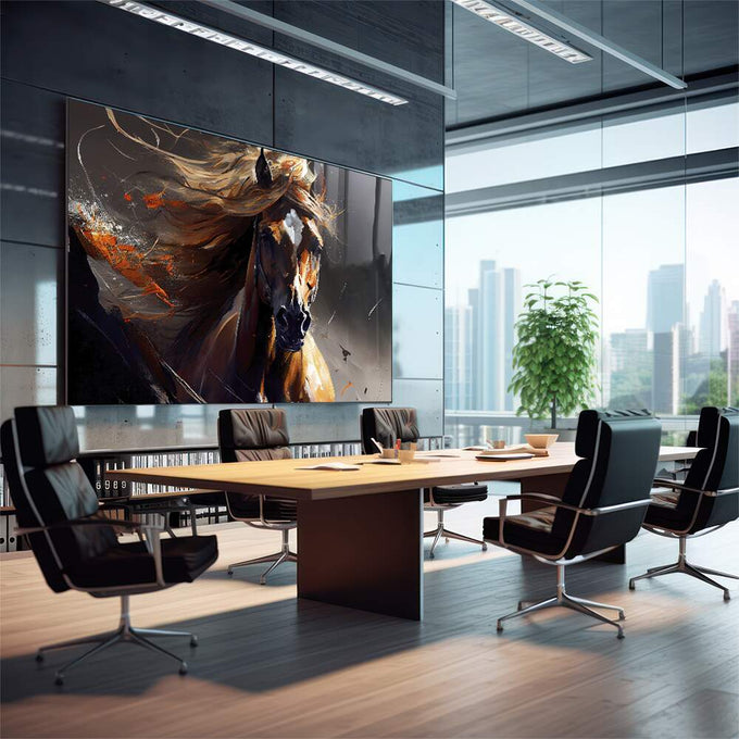 Quadro Decorativo: Retrato Majestoso de Cavalo ao Vento - quadros decorativos 1 Tela, 1 Tela Horizontal - em escritorio elegante