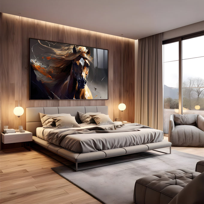 Cavalo alazão com crina dourada ao vento e respingos laranja em fundo escuro, quadro decorativo